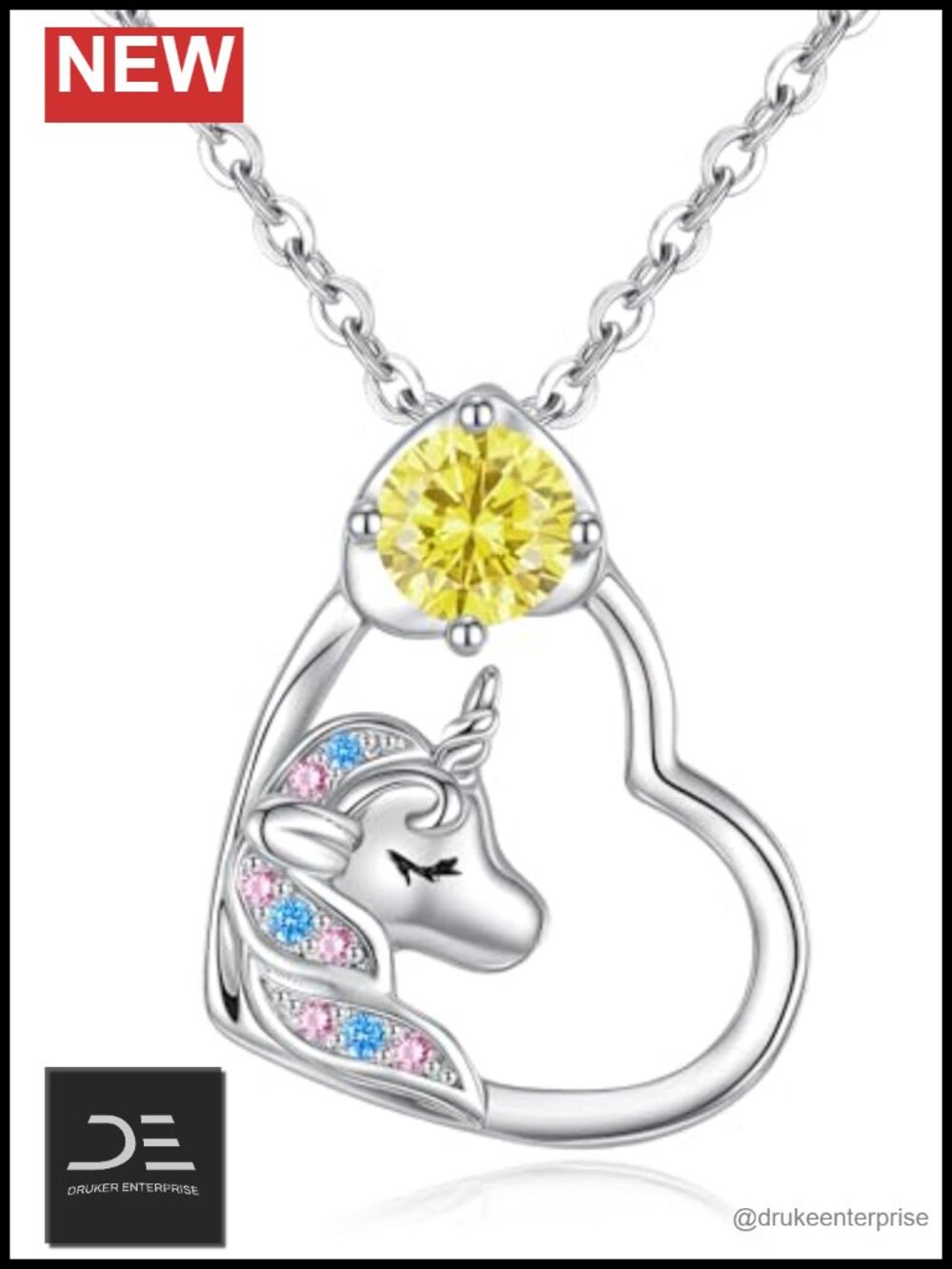925 Sterling Silver Unicorn Birthstone Necklace Heart Pendant